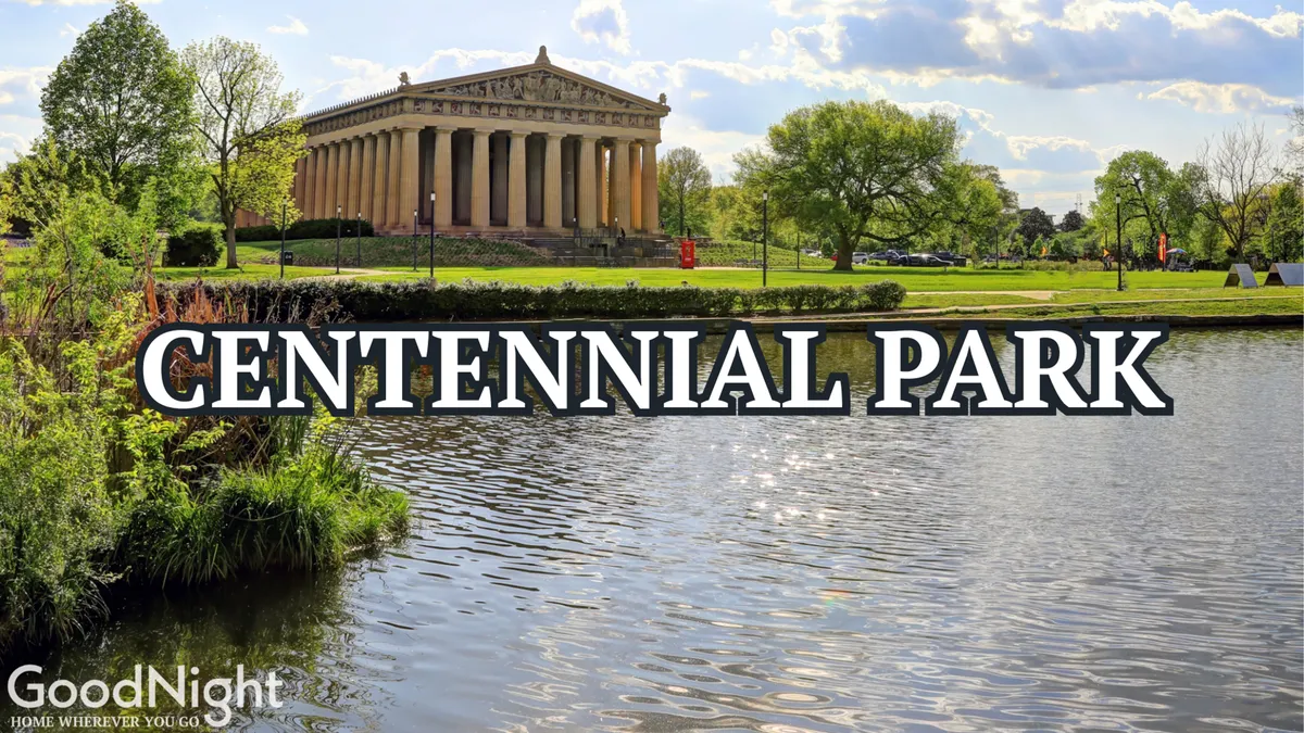 Centennial Park’s lush greenery and reflective water frame the iconic Parthenon structure under a colorful sunset sky. Locals and visitors wander or relax by the water, evoking a sense of peace, history, and community just steps from the residence.
