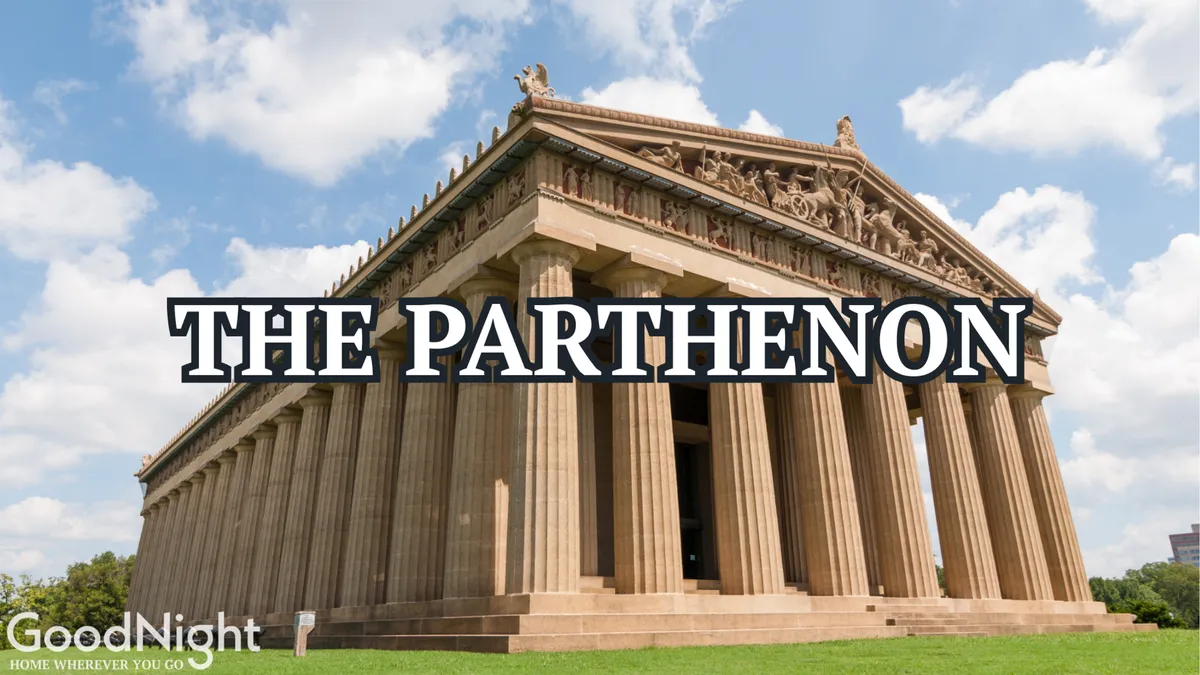 This exterior image showcases the iconic Parthenon structure in Centennial Park, surrounded by a vibrant green lawn and an open sky. The scene highlights a popular Nashville landmark that families can walk to from the property for both play and cultural exploration.