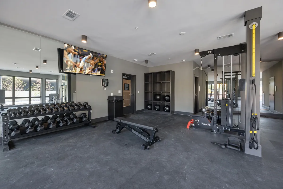 A modern, light-filled fitness center featuring a dumbbell rack, weight bench, multifunctional gym equipment, and a large television screen for entertainment or group fitness classes. The space is arranged to encourage both individual and group workouts.